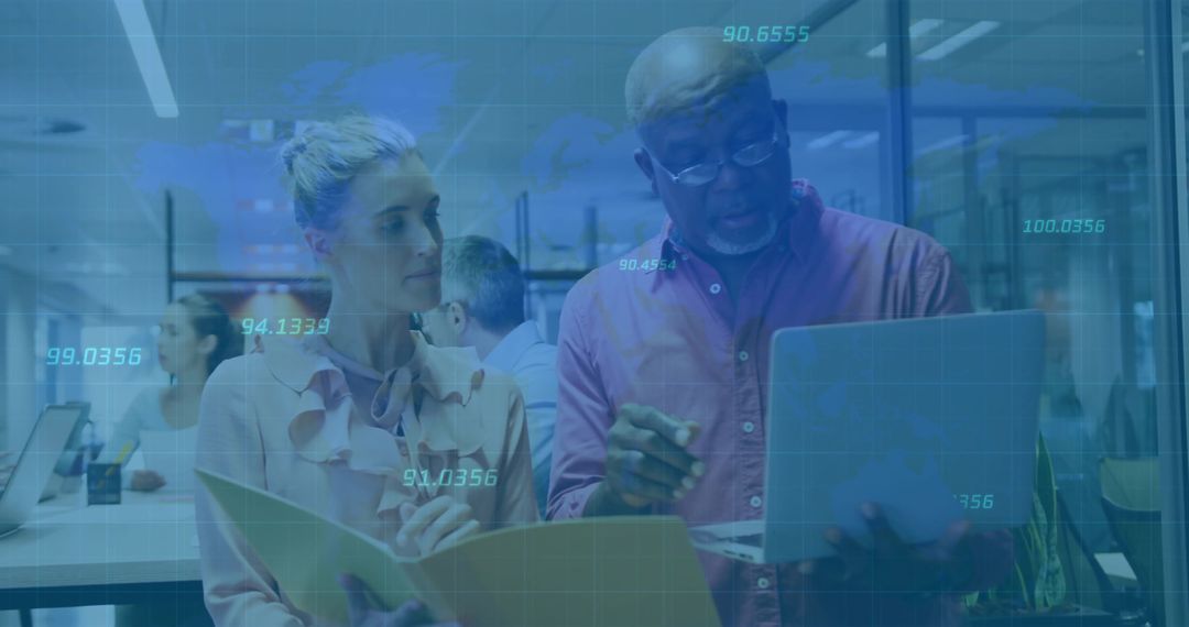 Data Professionals Collaborating in Open-Plan Office with Digital Interface