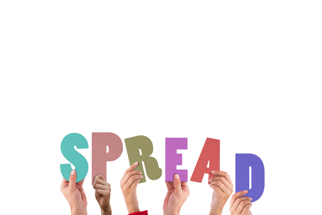 Hands Holding Multicolored Spread Lettering on Transparent Background