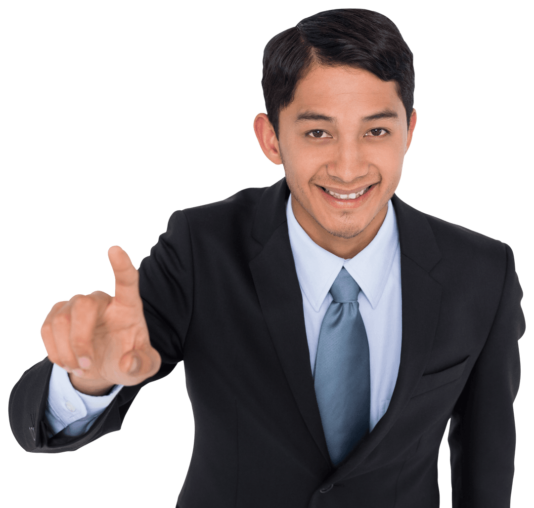 Happy Asian Businessman Pointing on Transparent Background Isolated