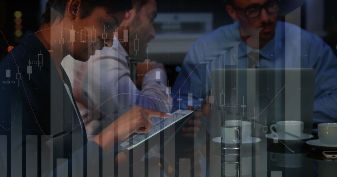 Diverse Team Engaging in Data Analysis with Digital Interface Overlay