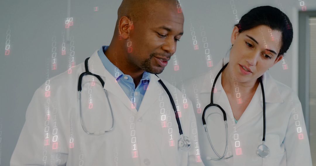 Doctors Analyzing Data with Binary Overlay Healthcare Innovation