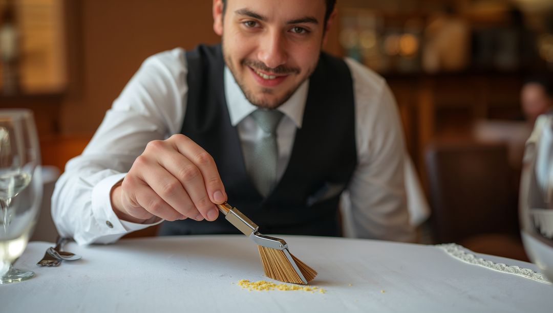Smiling man sweeping table crumbs with small brush at elegant white-tablecloth restaurant