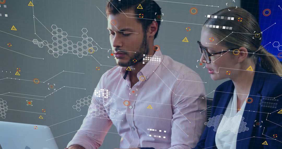 Colleagues Discussing with Digital Network Overlay in Office