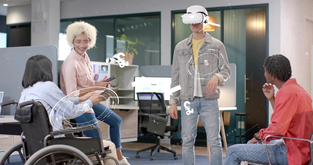 Collaborating with VR headset showcasing inclusive teamwork and accessibility innovation