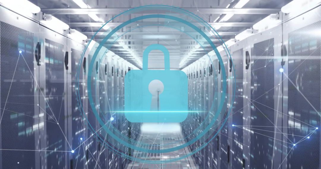 Digital Padlock Icon Over Data Servers Denoting Cyber Security