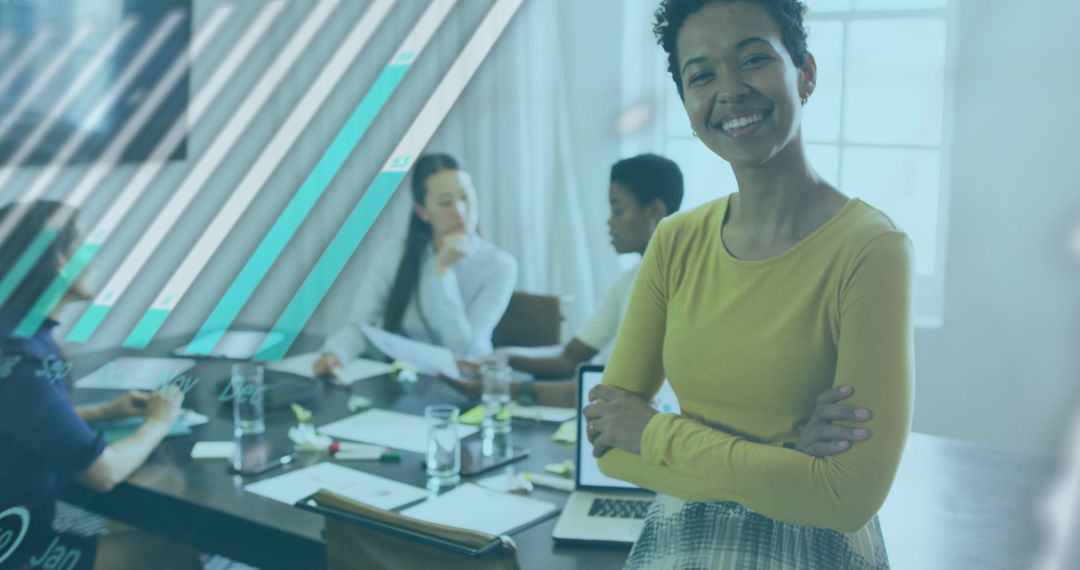 Diverse Business Team Analyzing Data with Futuristic Overlay