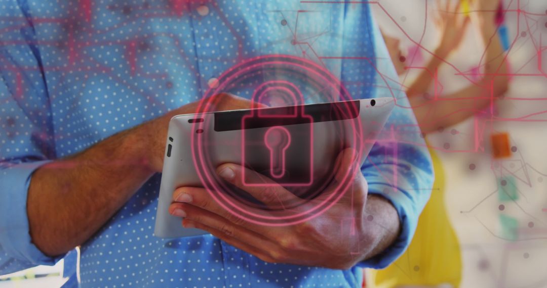 Digital Security Concept with Padlock Overlay on Tablet Use