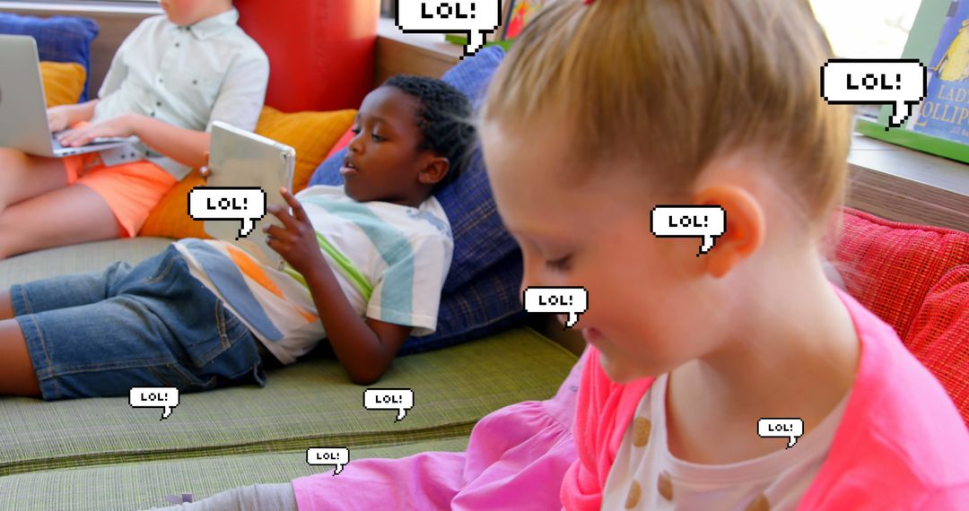 Happy Multiracial Kids with Technology and Laughing Icons