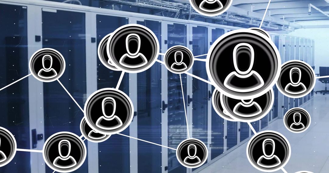 Digital Network with User Icons Over Data Servers in Modern Office
