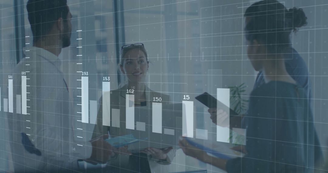 Financial Data Overlay with Professionals Collaborating in Office