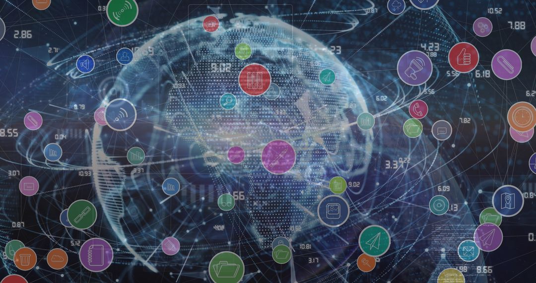 Global Network of Digital Icons Surrounding Earth with Connectivity Lines