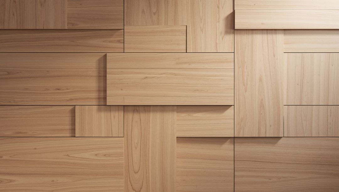 Staggered Light Wood Wall Panels Creating Geometric Textured Timber Grid with Depth