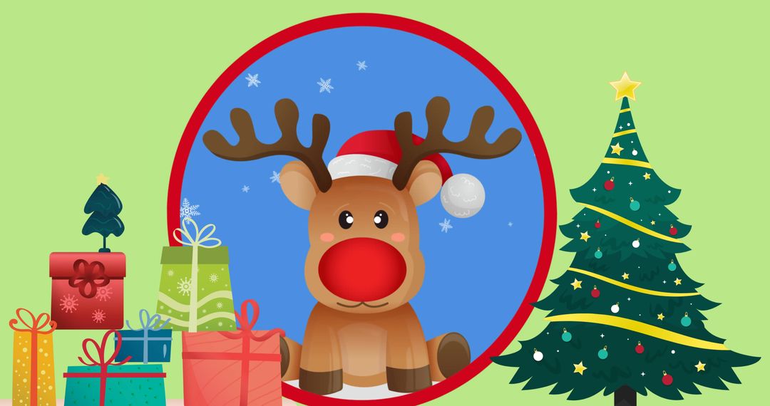 Cute Reindeer with Red Nose and Christmas Tree
