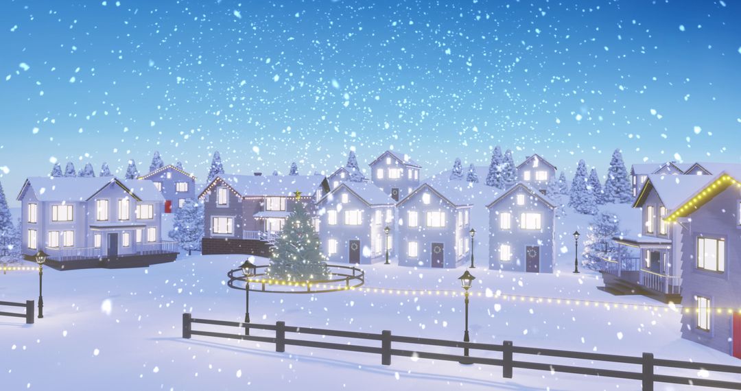 Scenic Snowy Village with Festive Lighting and Evergreen Tree