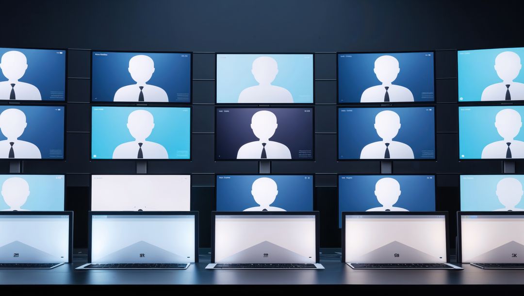 Futuristic tech briefing room with digital wall screens and laptops, talking heads setting