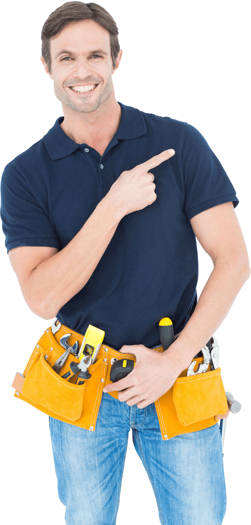 Smiling Repairman with Tool Belt on Transparent Background
