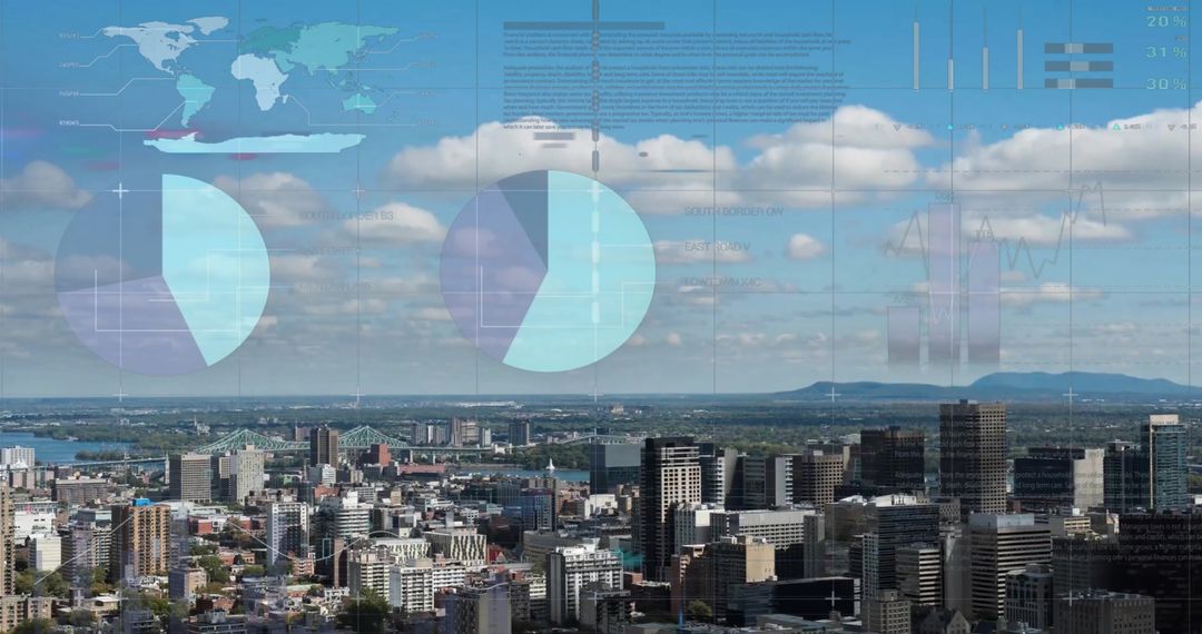 Cityscape with Digital Data Charts on Blue Sky Backdrop