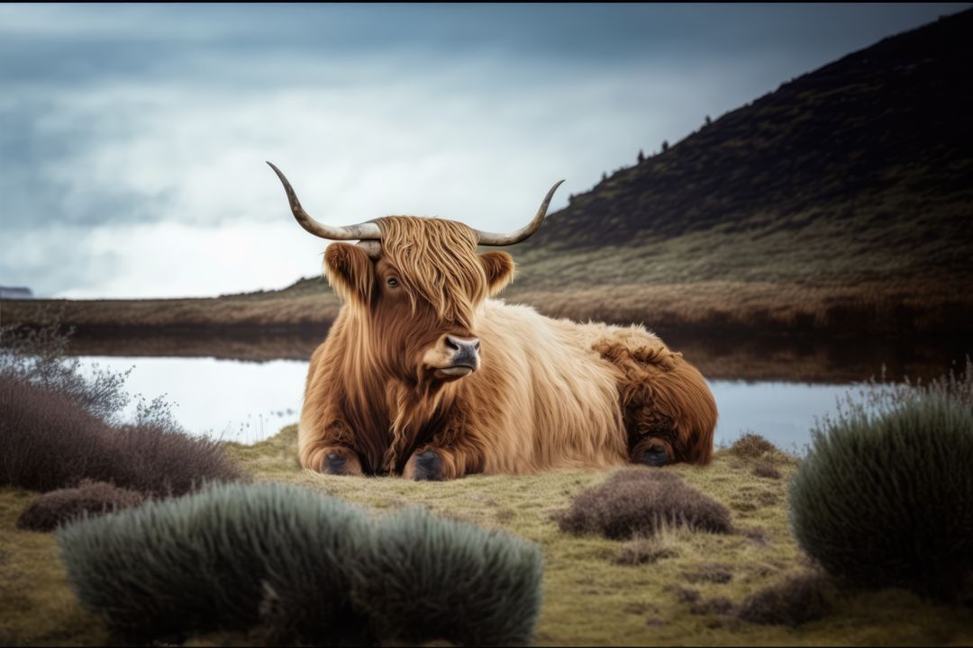 Portrait of highland cow lying in grass in mountains, created using generative ai technology - Free Images, Stock Photos and Pictures on Pikwizard.com