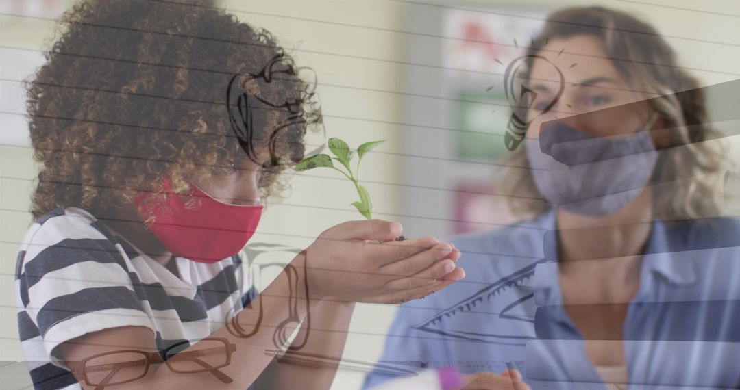 Masked Students Learning in Classroom with Educational Icons Overlay