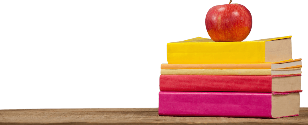 Apple on colorful books stack on transparent background
