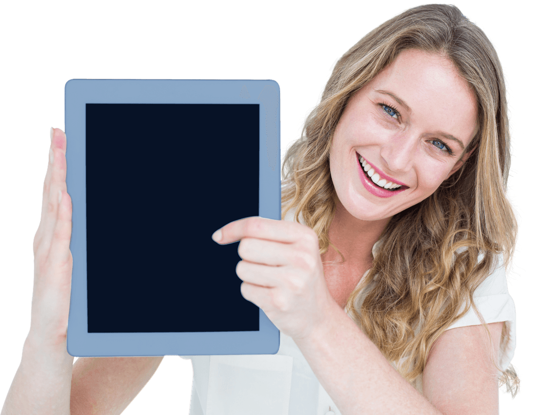 Smiling Woman Presenting Blank Tablet Display Transparent Background