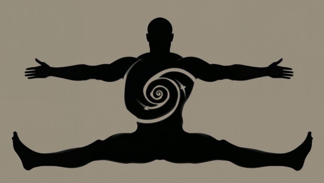 Silhouette Male Performing Straddle Split with Spiral Torso Graphic, Flexibility Concept