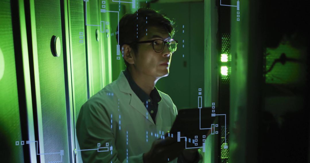 IT Engineer Analyzing Servers with Digital Circuit Overlay