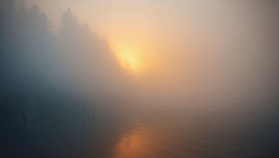 Misty Dawn with Sunlight Over Foggy Lake and Evergreen Trees