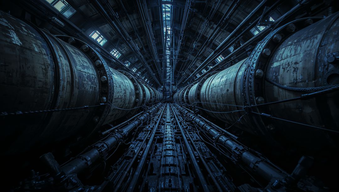 Descending industrial tunnel with twin rusted cylinders, converging pipes and blue patina