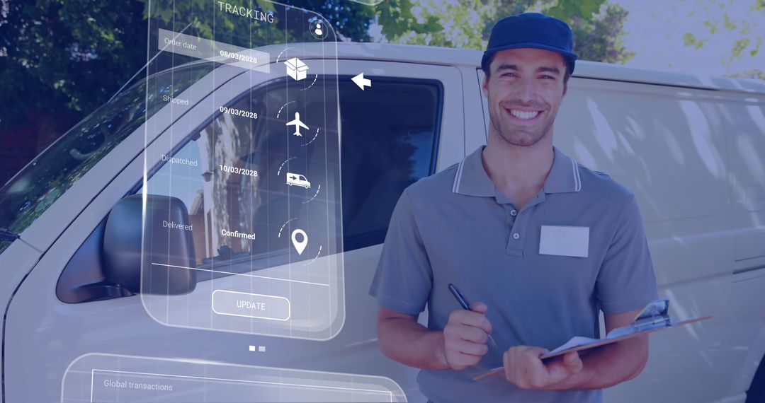 Caucasian Delivery Man with Digital Data Overlay Near Van
