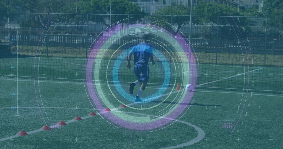 Athlete Training on Soccer Field with Digital Enhancement