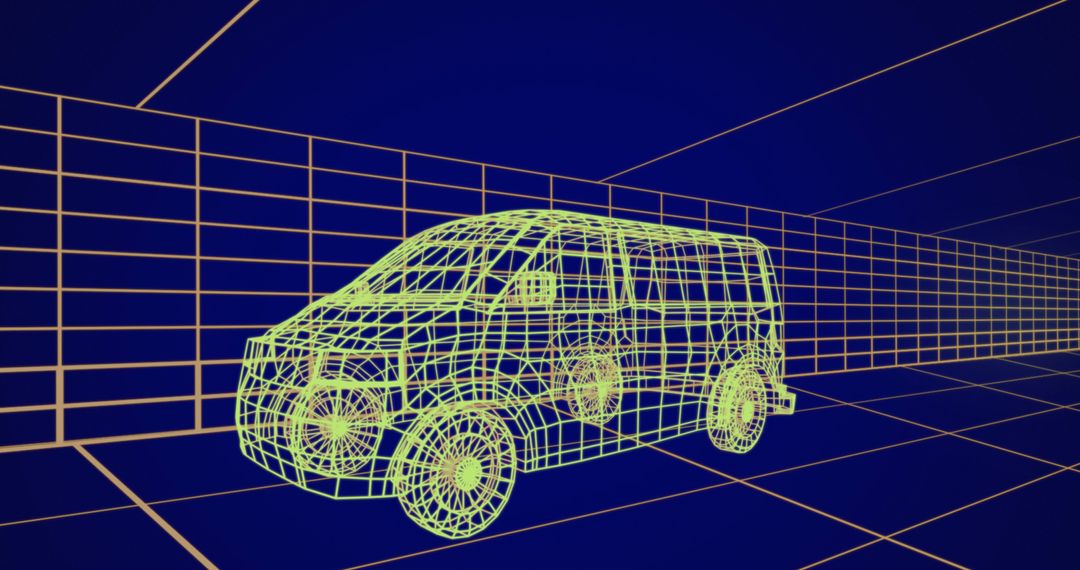 3D Wireframe Model of Car on Grid Background in Blue Space