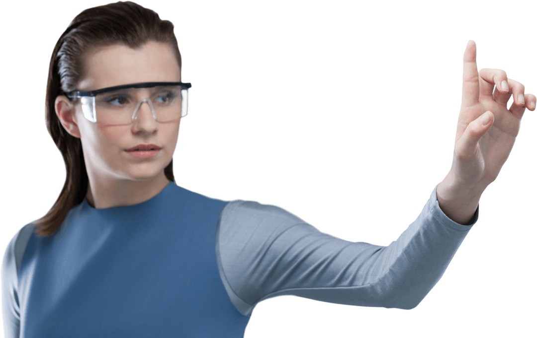 Confident Woman Using Virtual Reality Technology Pointing Transparent Background