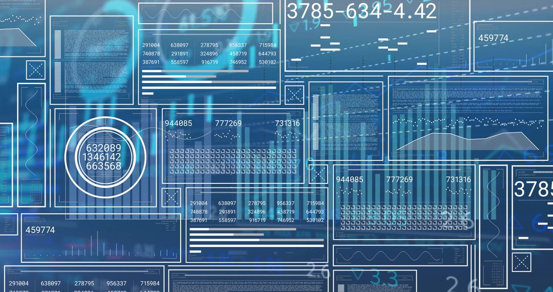 Digital Interface Screens with Data and Charts on Blue Background