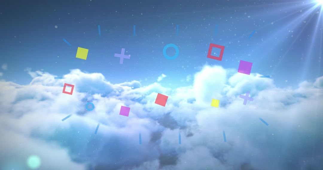 Colorful Geometric Shapes Floating Over Cloudy Sky Illustration