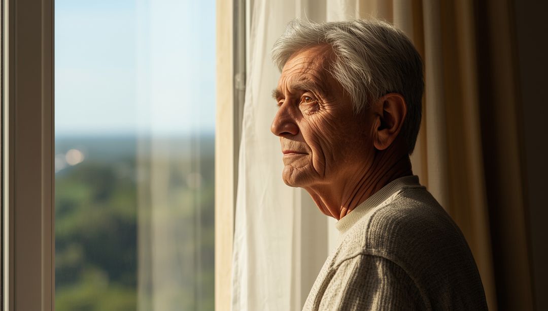 Senior Man Gazing Out Window Contemplatively at Home