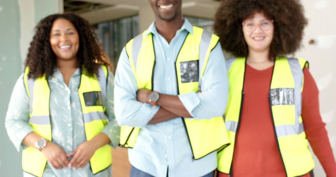 Diverse Architects Smiling in Reflective Safety Vests at Office Site - Free Images, Stock Photos and Pictures on Pikwizard.com