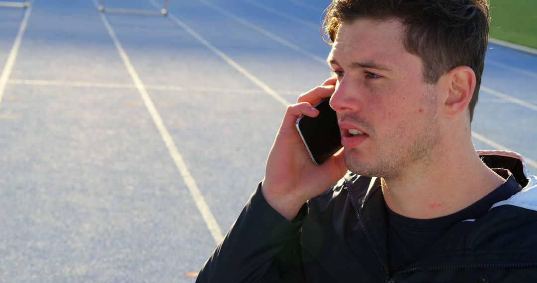 Athlete Talking on Smartphone at Outdoor Track - Free Images, Stock Photos and Pictures on Pikwizard.com