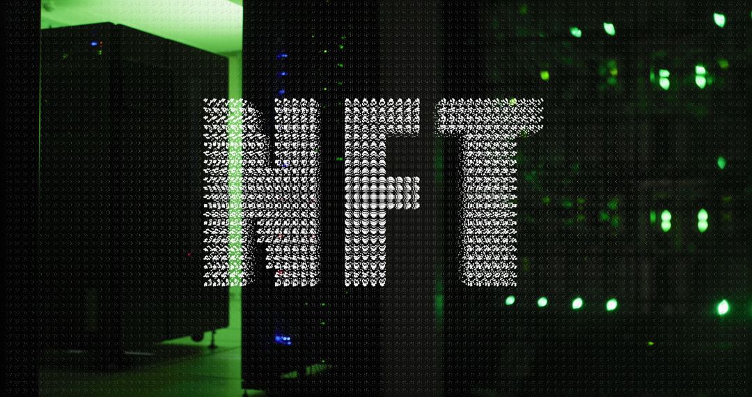 NFT Text Overlaying High-Tech Server Room