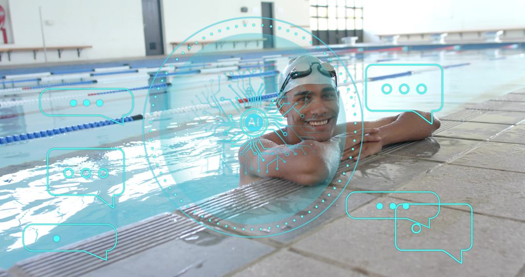 Male Swimmer Leaning on Pool Edge Smiling with AI Coaching Overlay in Indoor Lap Pool