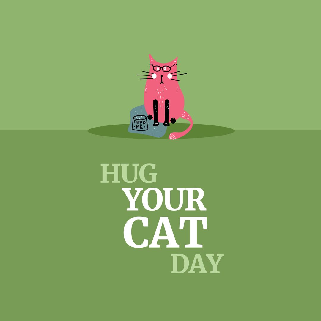 Hug Your Cat Day Celebratory Illustration with Pink Cat and Food Bowl