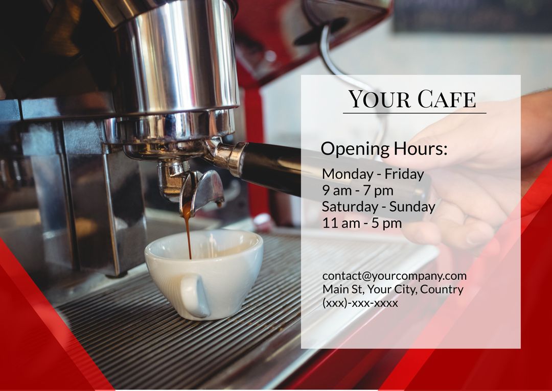 Coffee Shop Poster Featuring Espresso Pouring From Machine with Opening Hours - Download Free Stock Templates Pikwizard.com