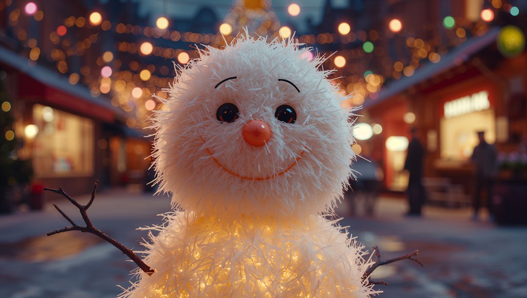 Enchanting Fluffy Snowman with Glowing Fairy Lights at Festive Market