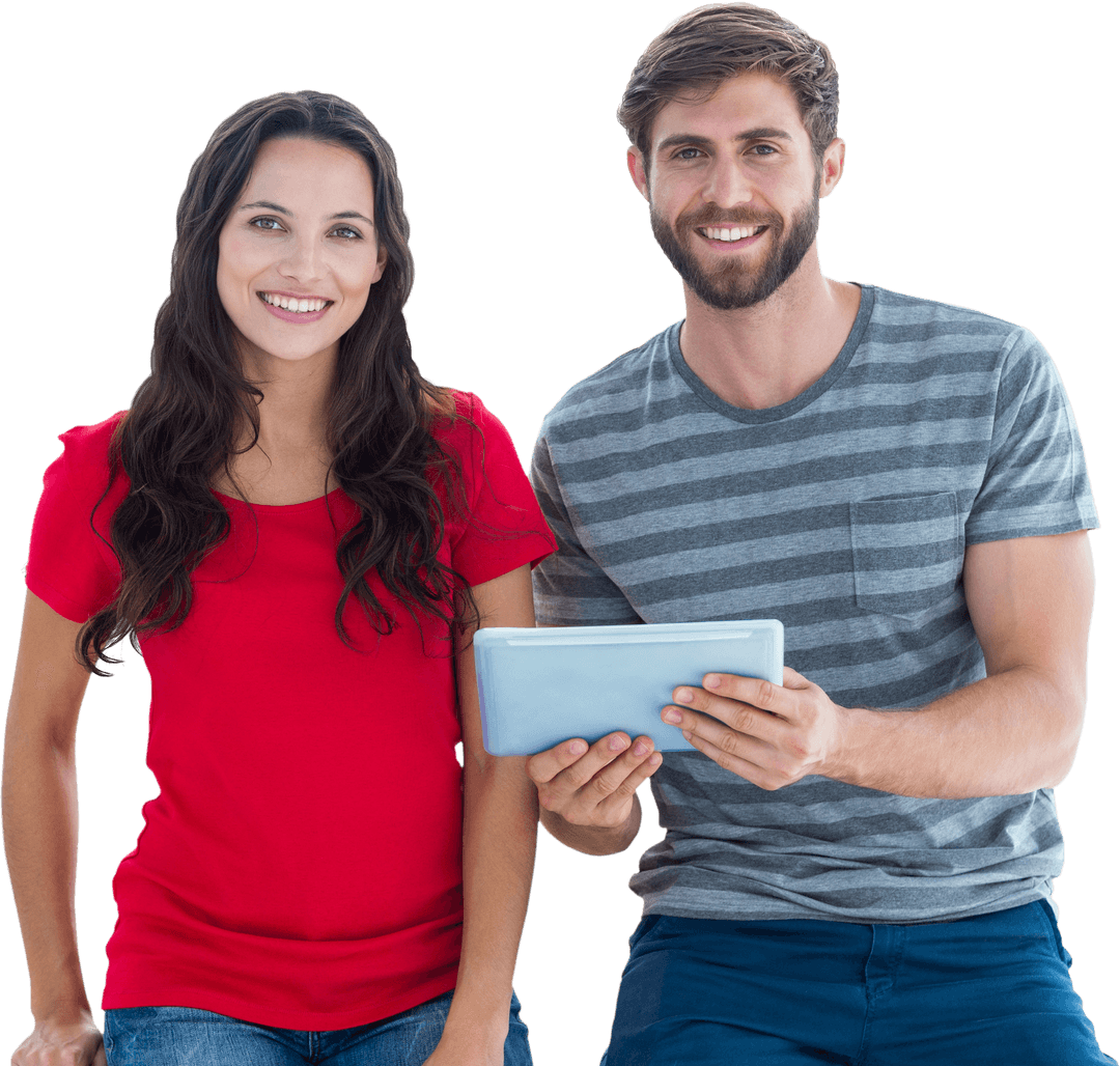 Smiling Businesspeople Using Tablet on Transparent Background