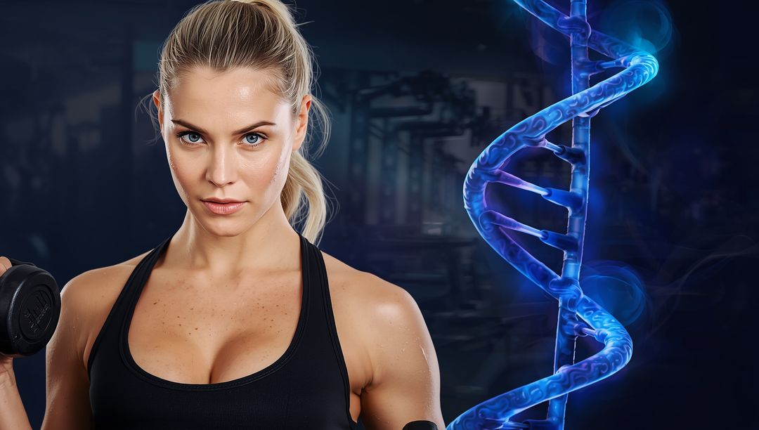 Athletic Woman Lifting Dumbbell with DNA Helix Illustration