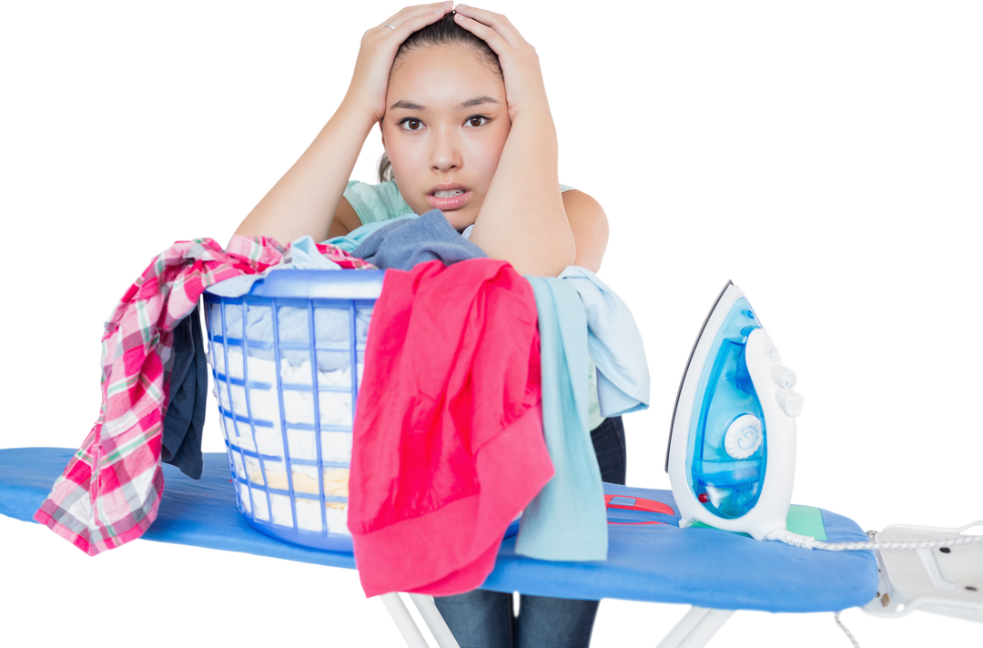 Young Woman Feeling Overwhelmed with Ironing and Laundry on Transparent Background - Download Free Stock Images Pikwizard.com