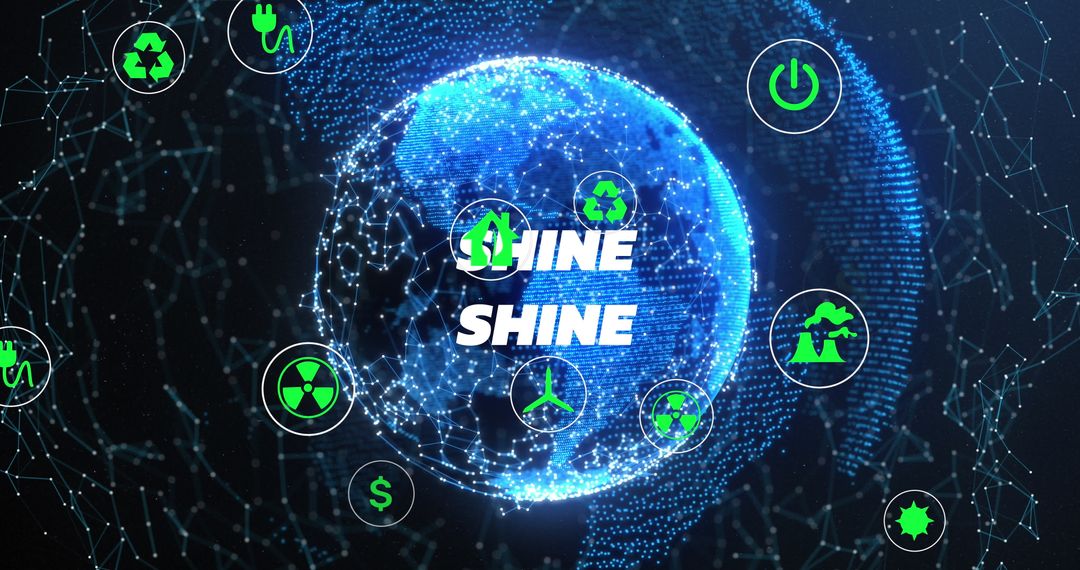 Rotating Blue Globe with Neon Green Energy Icons on Digital Network