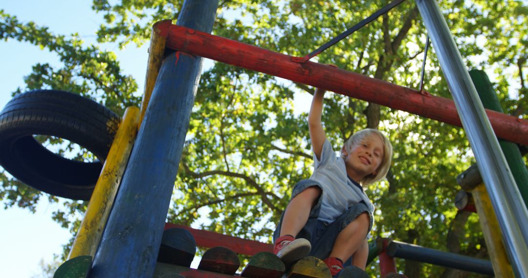 Young Child Enjoying Play on Colorful Jungle Gym, Sunny Outside Playtime - Free Images, Stock Photos and Pictures on Pikwizard.com