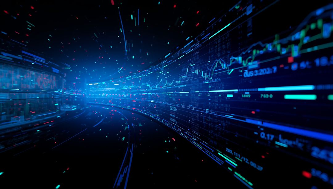 Glowing Data Streams Curve Through Futuristic Network Tunnel