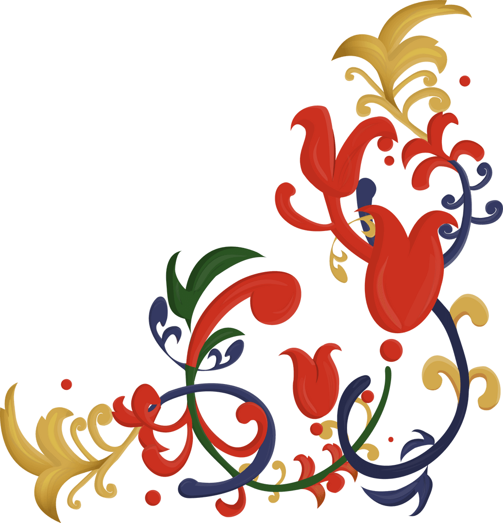 Intricate Floral Ornament with Red Tulips on Transparent Background